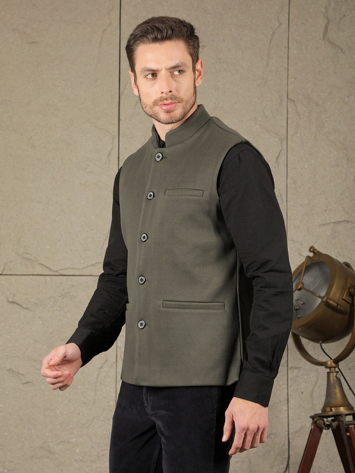 COBB SOLID BOTTLE GREEN BAND COLLAR WAIST COAT