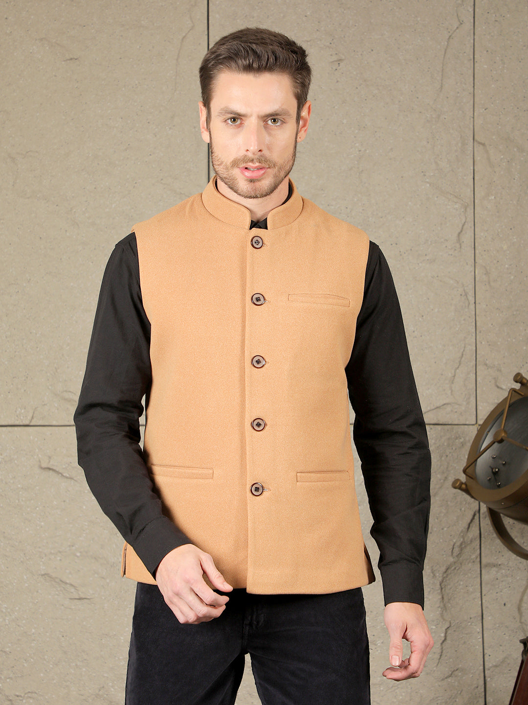 cobb solid camel band collar waist coat