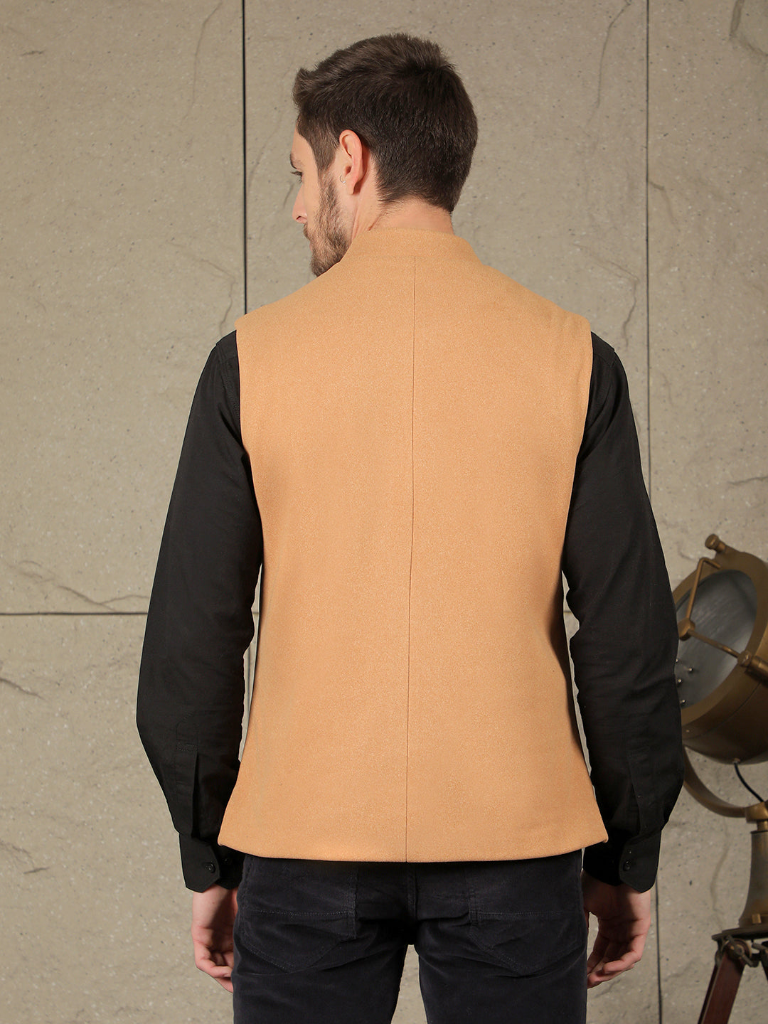 cobb solid camel band collar waist coat