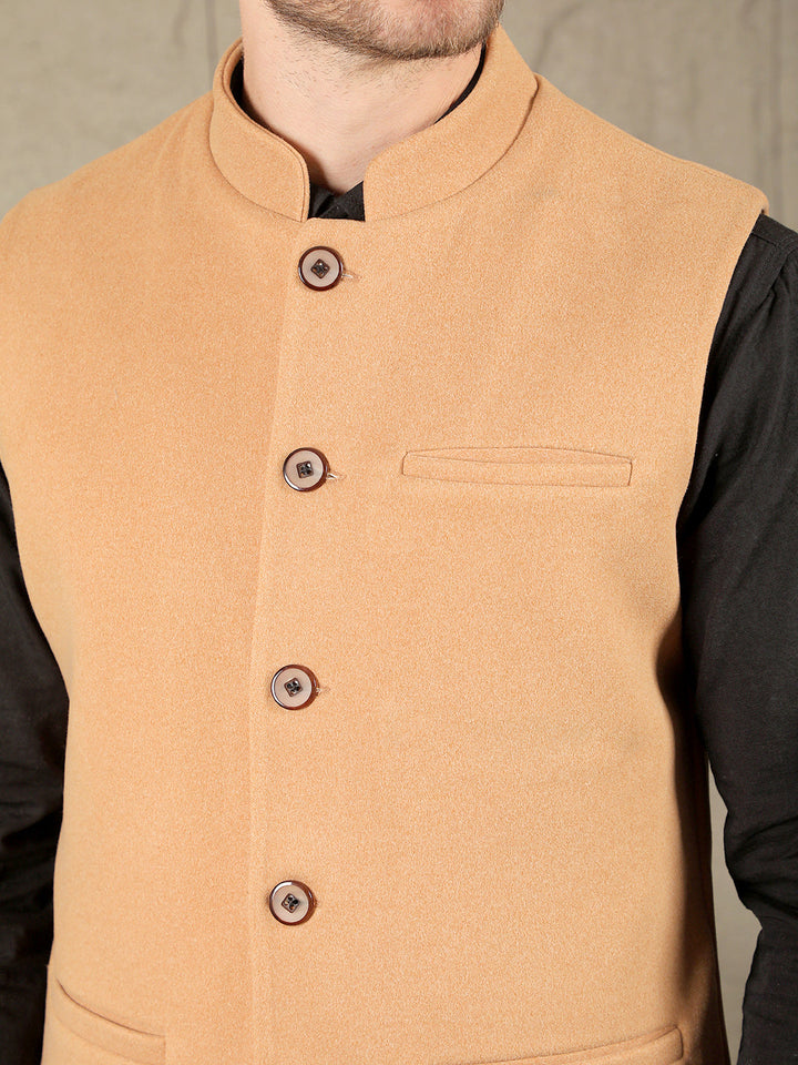 cobb solid camel band collar waist coat