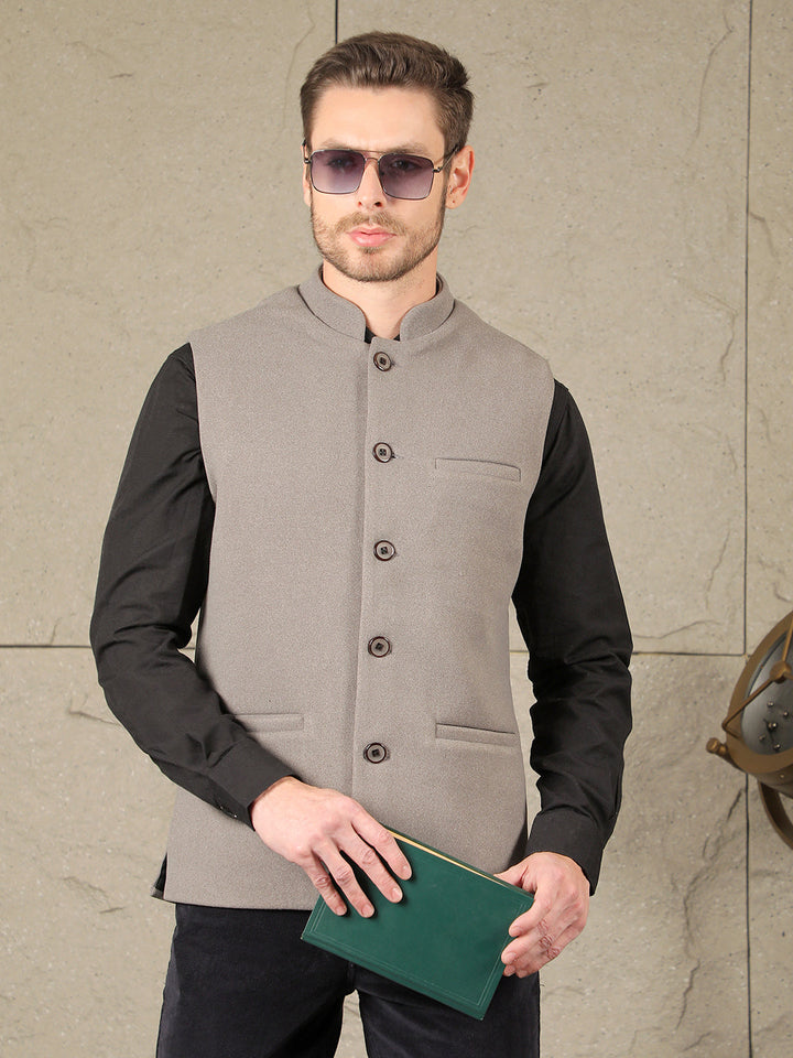 cobb solid grey band collar waist coat