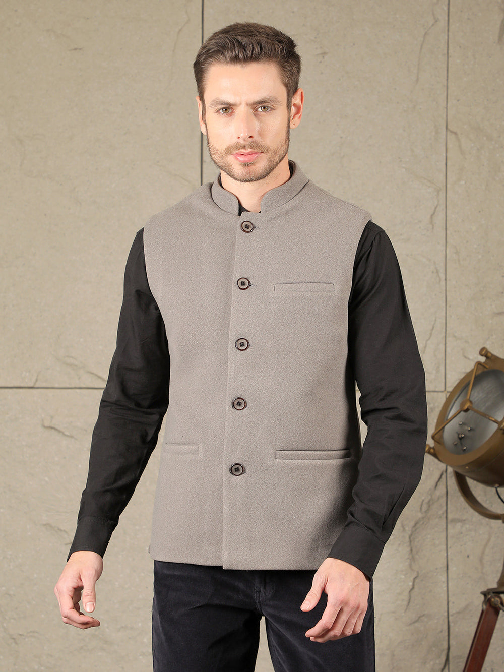 cobb solid grey band collar waist coat