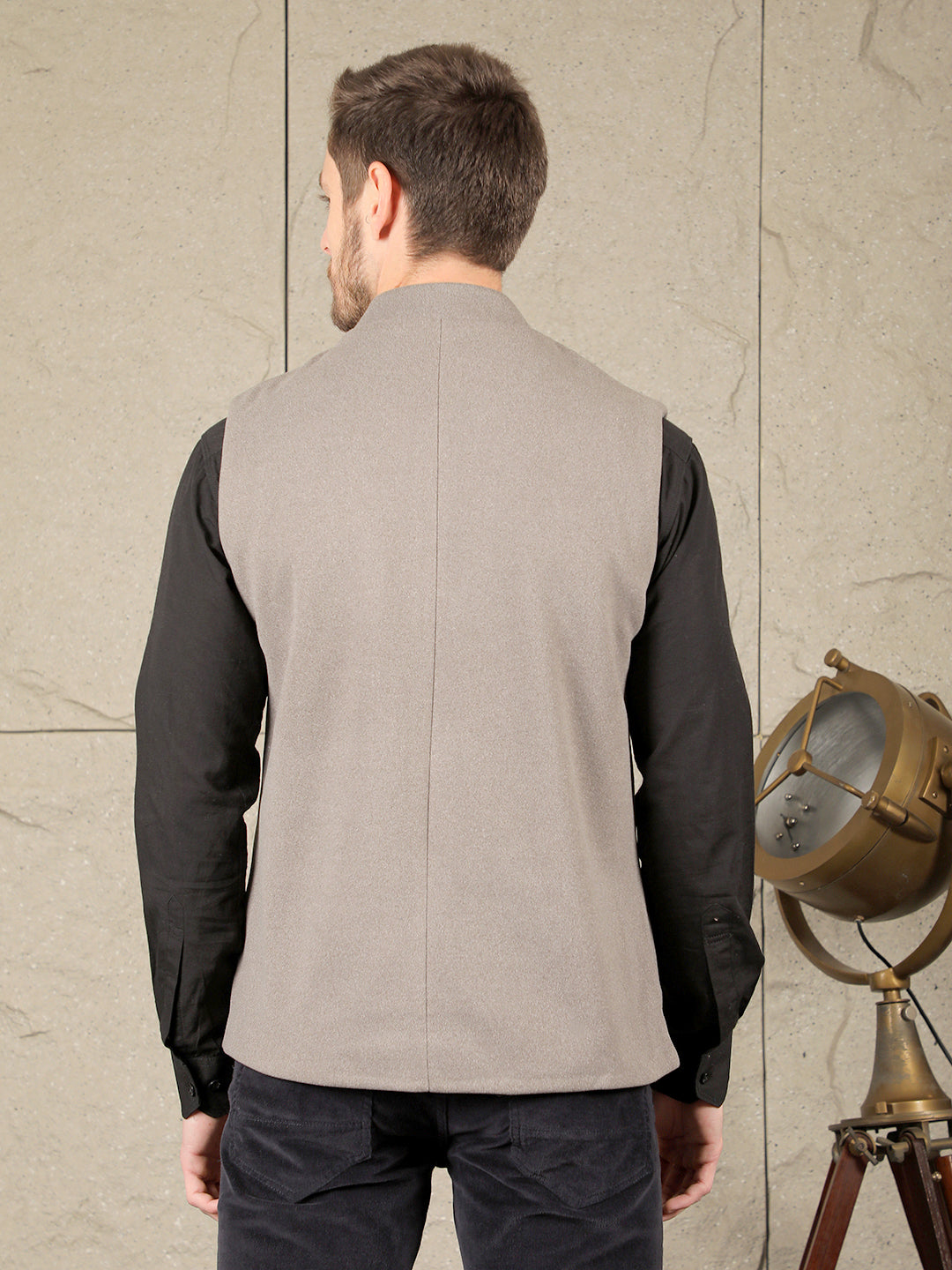 cobb solid grey band collar waist coat