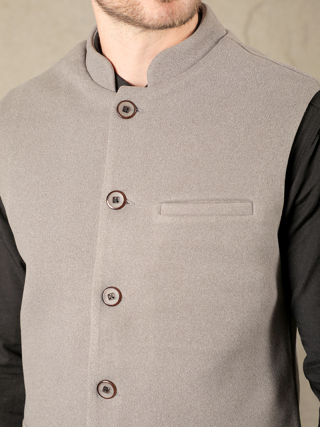 cobb solid grey band collar waist coat