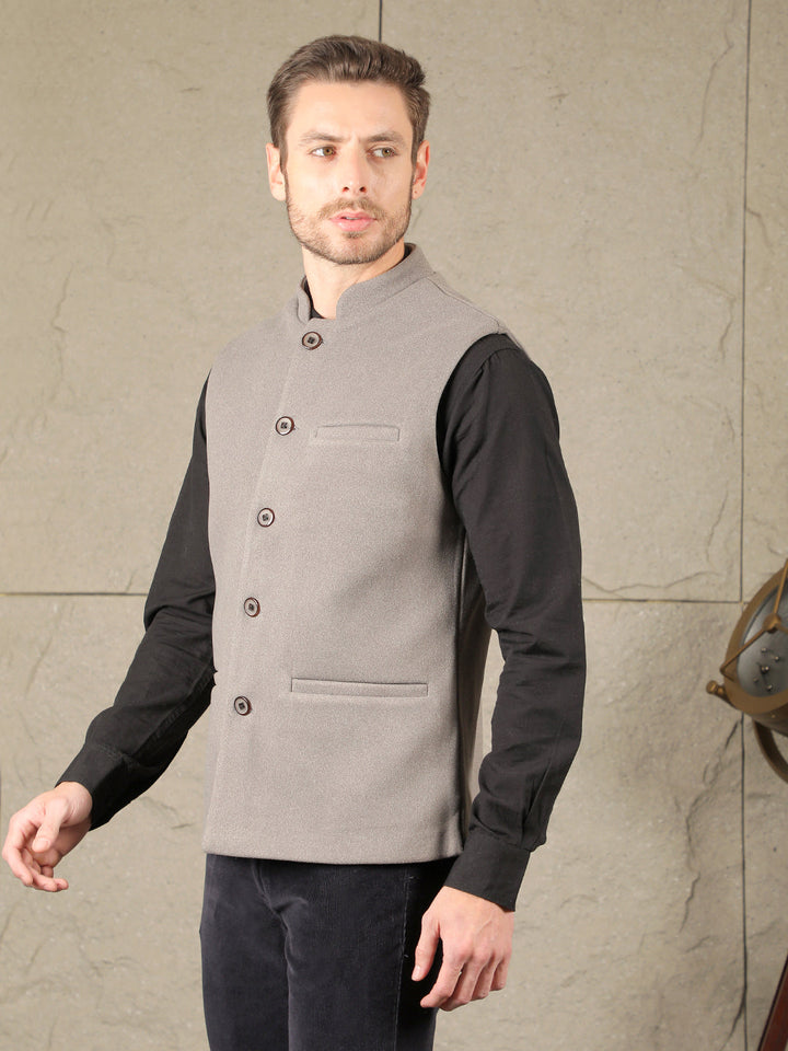 COBB SOLID GREY BAND COLLAR WAIST COAT