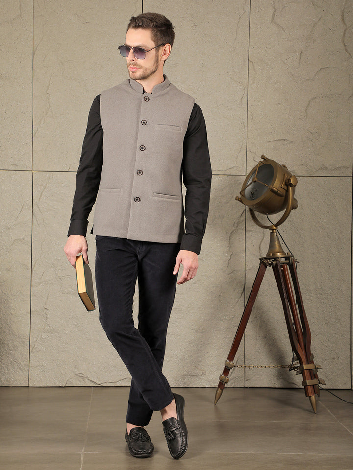 COBB SOLID GREY BAND COLLAR WAIST COAT