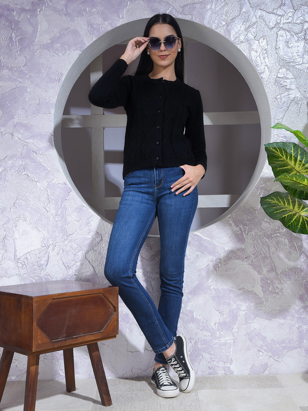 MISS FOREVER BLACK SELF-DESIGN SWEATER