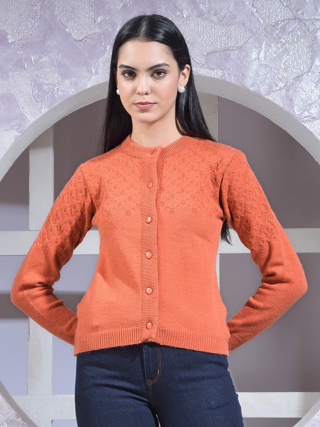 miss forever rust self-design sweater