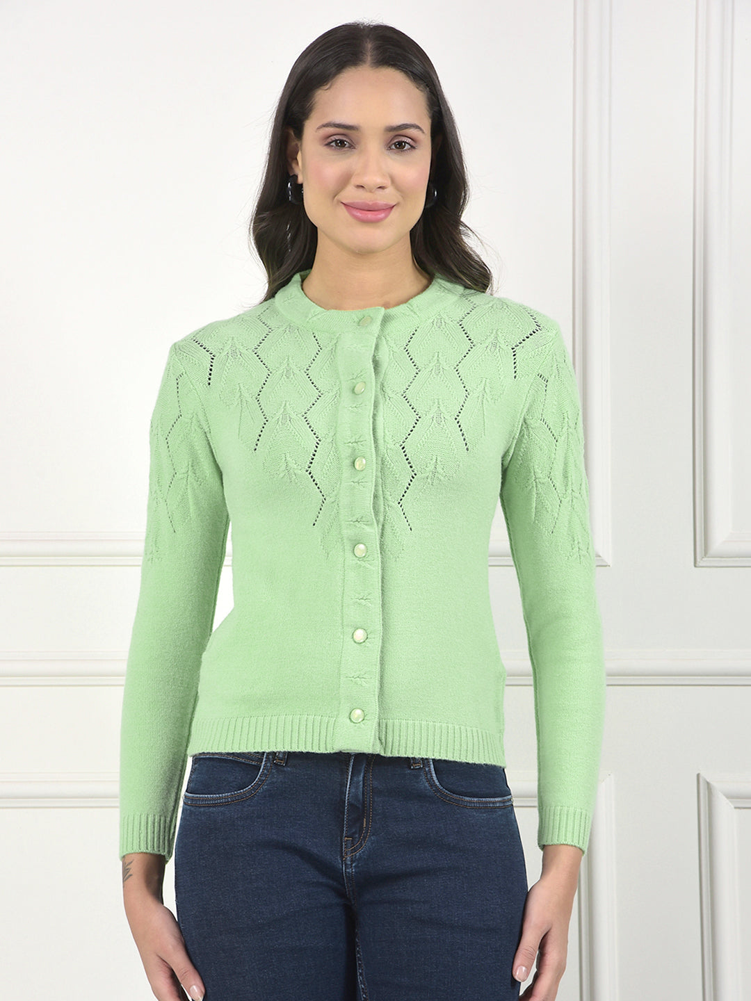 miss forever light green self-design sweater