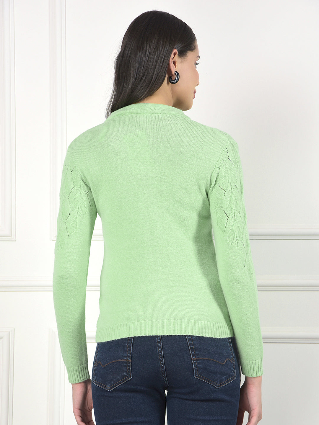 miss forever light green self-design sweater