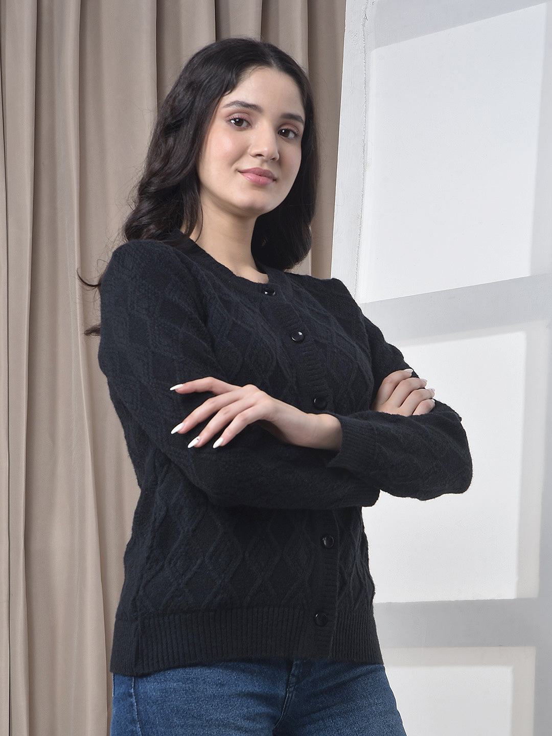 miss forever black self-design cardigan