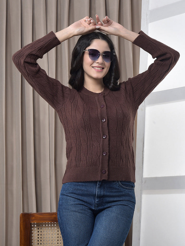miss forever dark brown self-design cardigan
