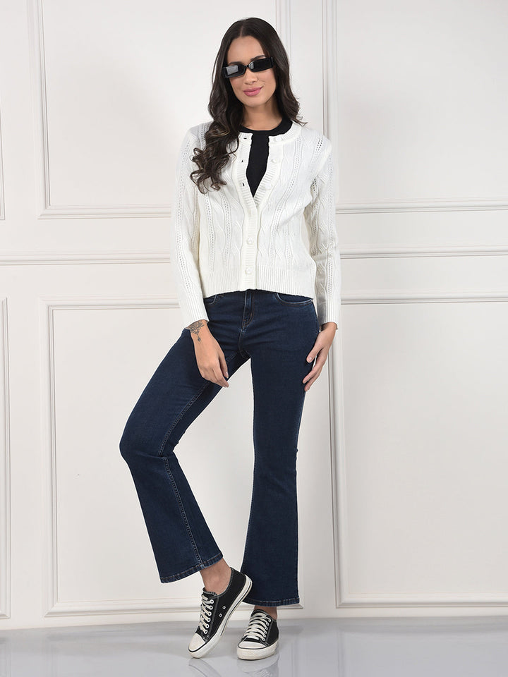 MISS FOREVER OFF WHITE SELF-DESIGN SWEATER