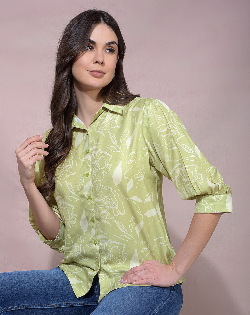 miss forever light green printed casual shirt