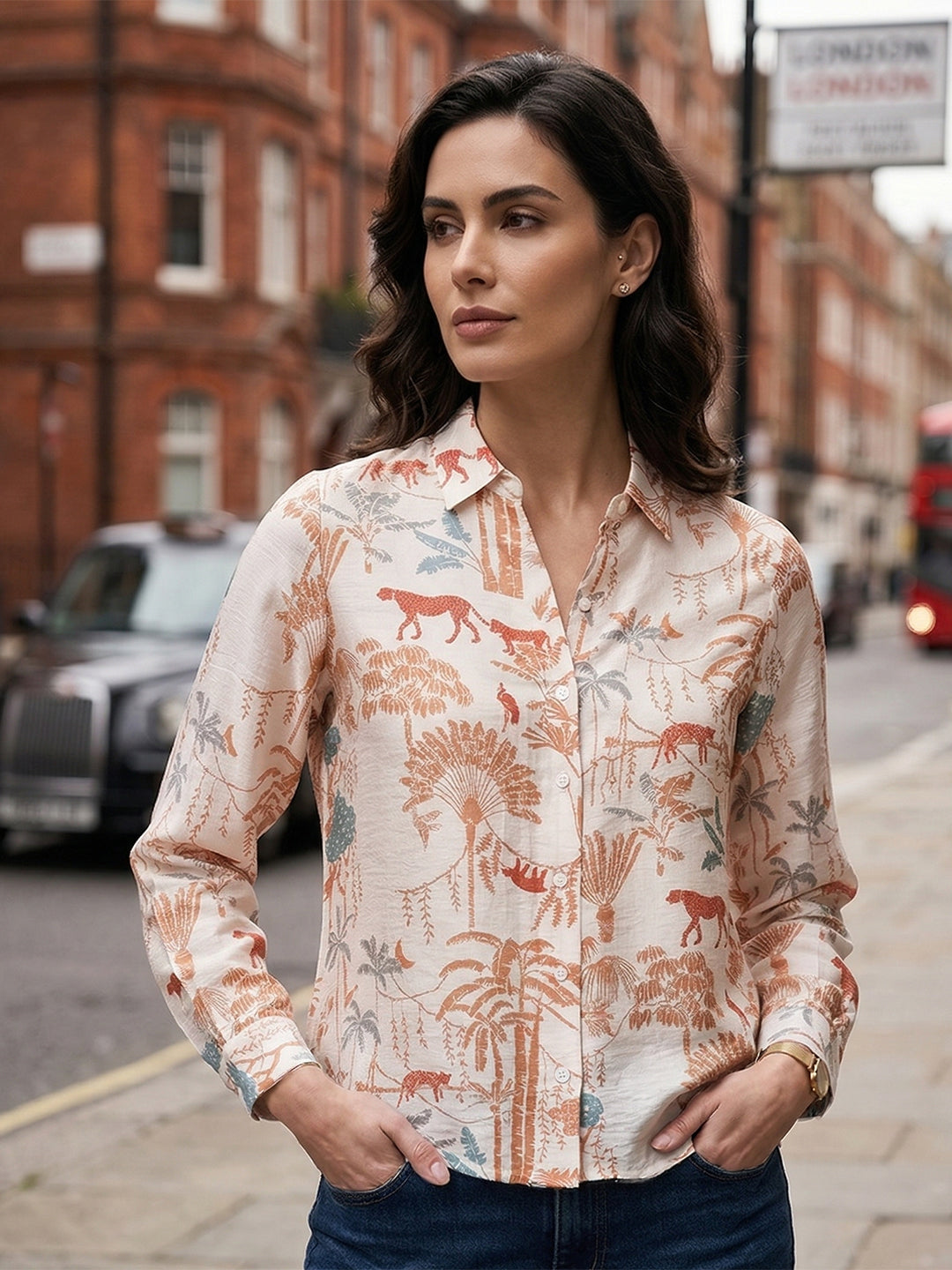 miss forever beige printed casual shirt