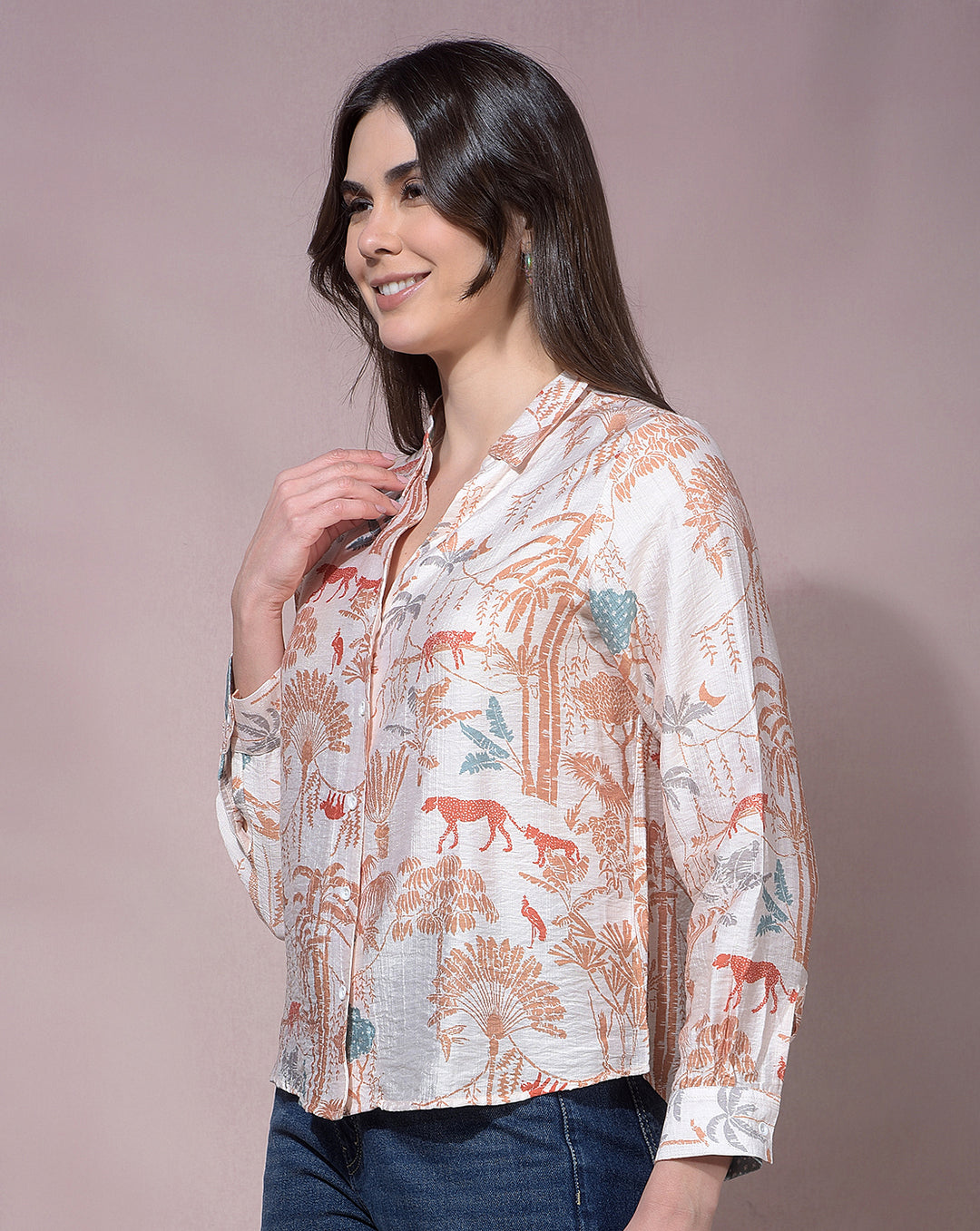miss forever beige printed casual shirt