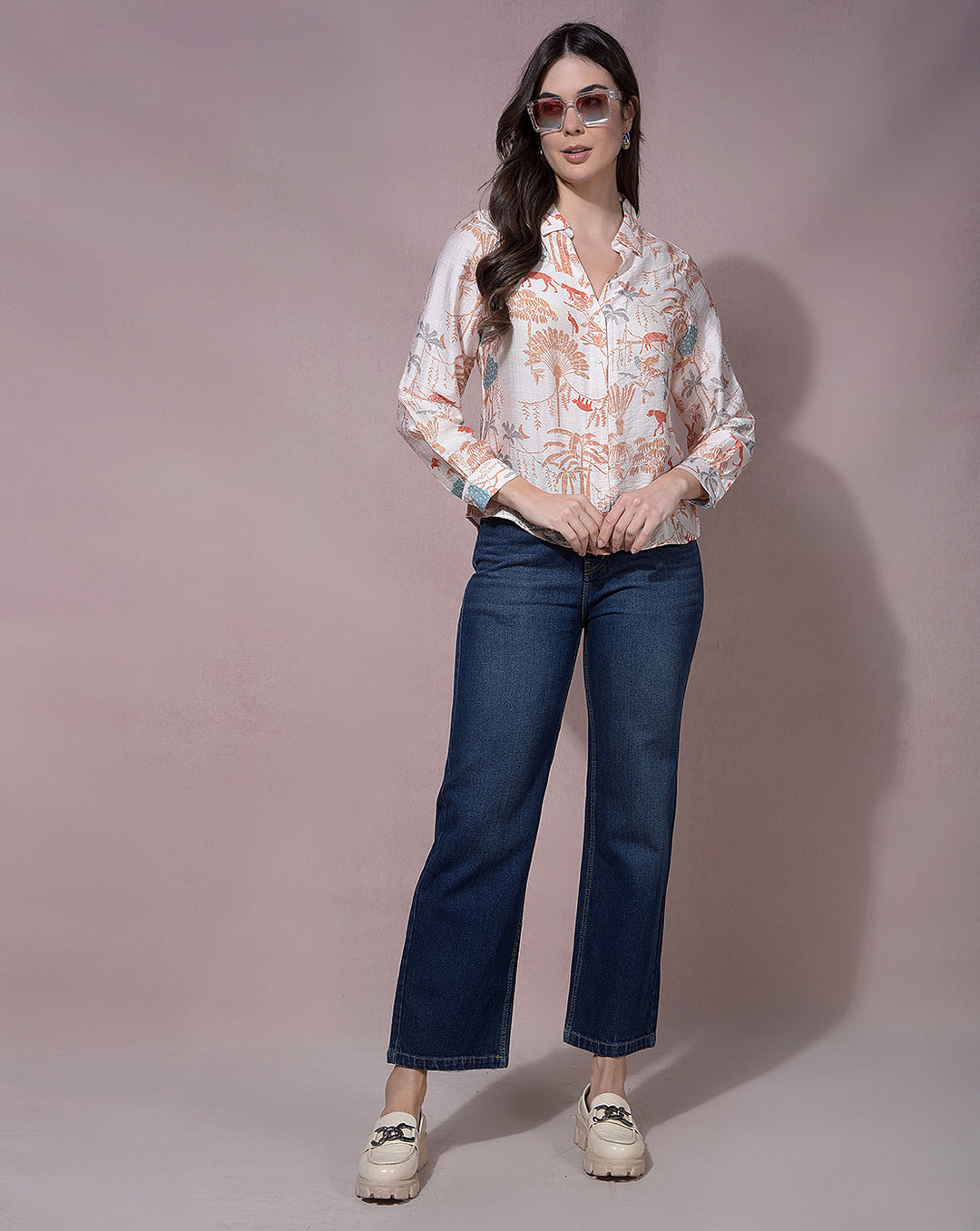 MISS FOREVER BEIGE PRINTED CASUAL SHIRT