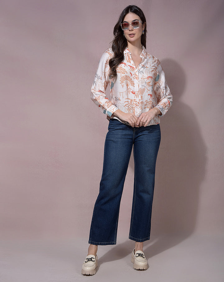 MISS FOREVER BEIGE PRINTED CASUAL SHIRT
