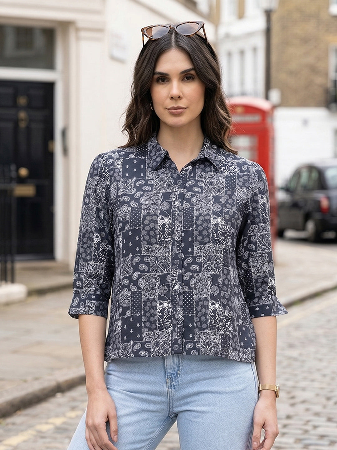 miss forever dark grey printed casual shirt