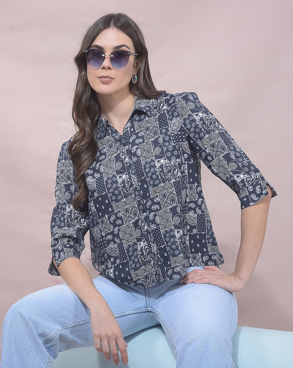 miss forever dark grey printed casual shirt