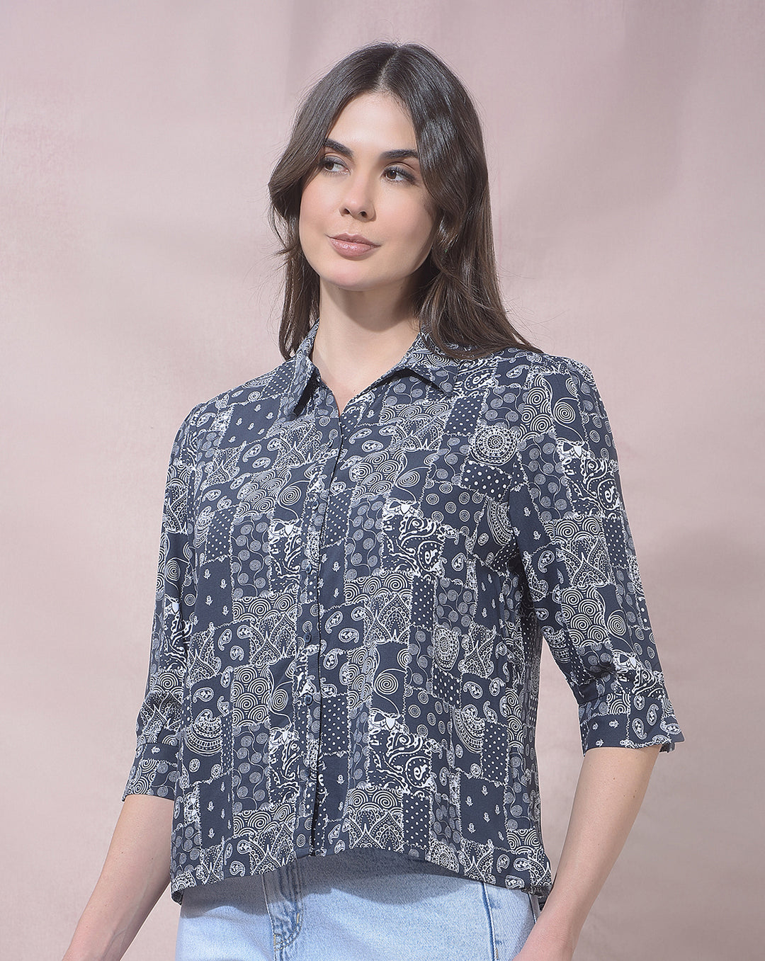 miss forever dark grey printed casual shirt