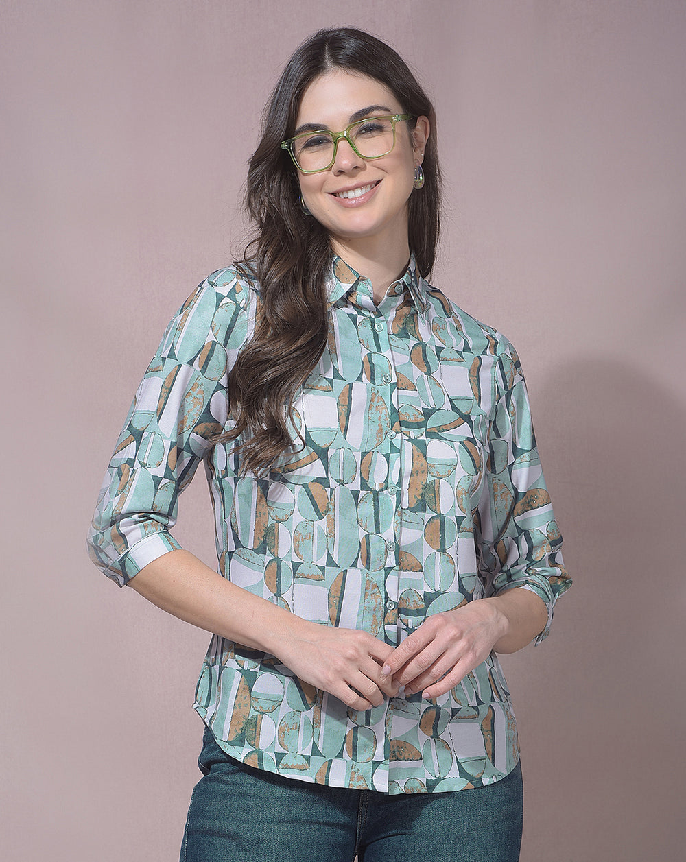 miss forever light green printed casual shirt