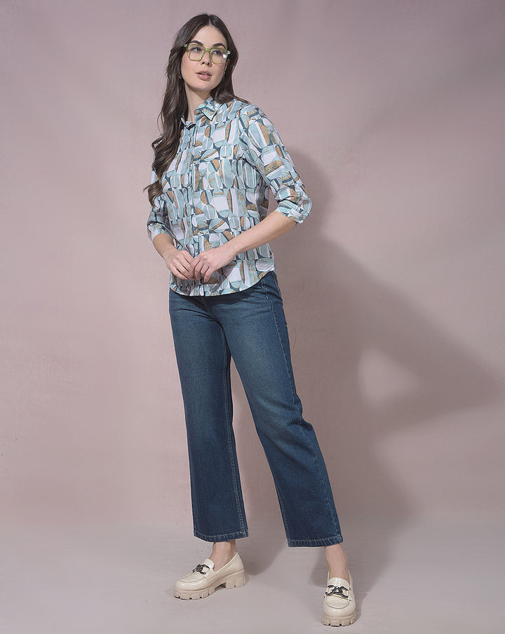 MISS FOREVER LIGHT GREEN PRINTED CASUAL SHIRT
