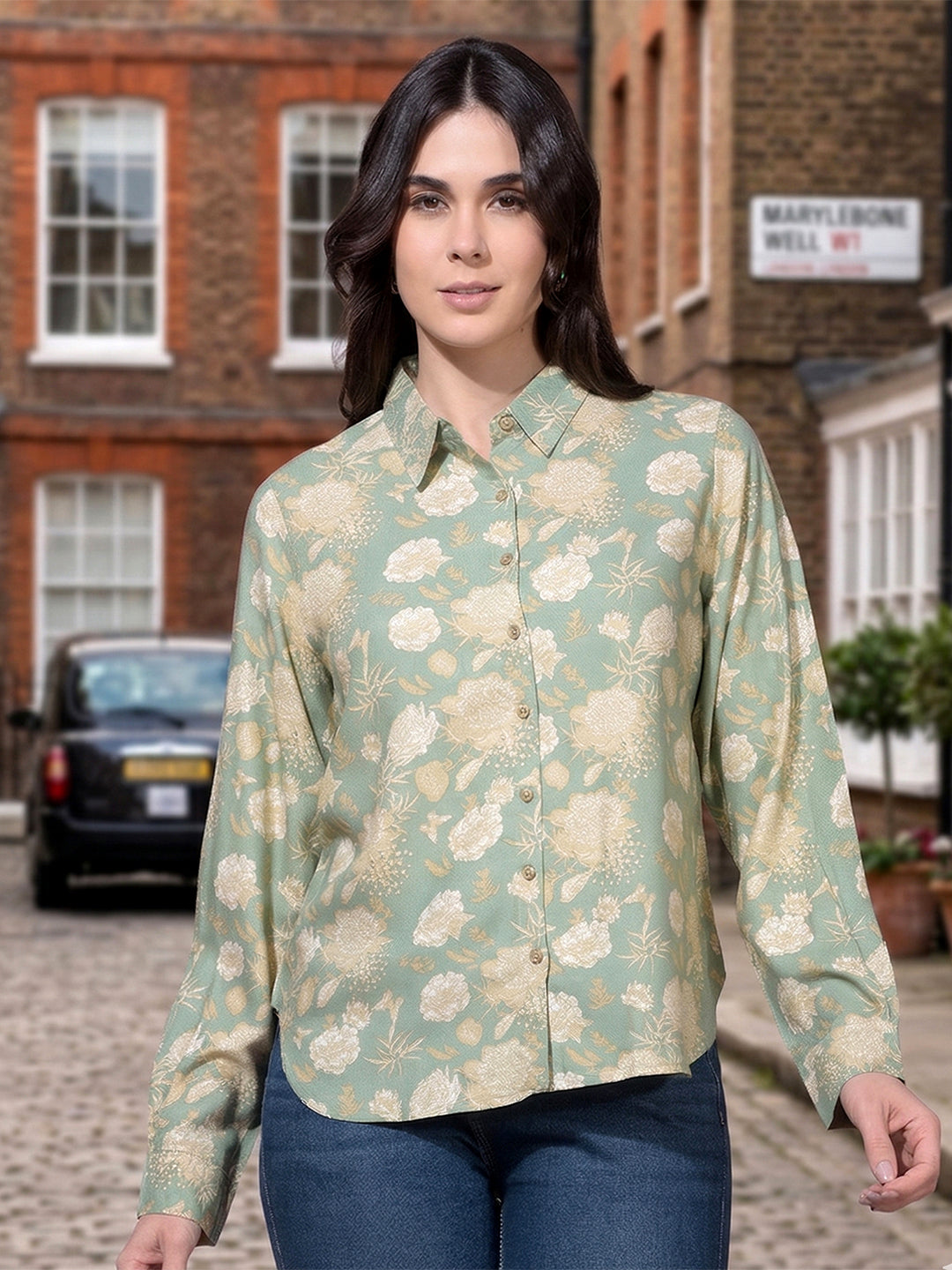 miss forever green printed casual shirt