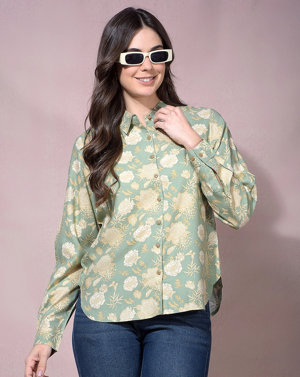 miss forever green printed casual shirt