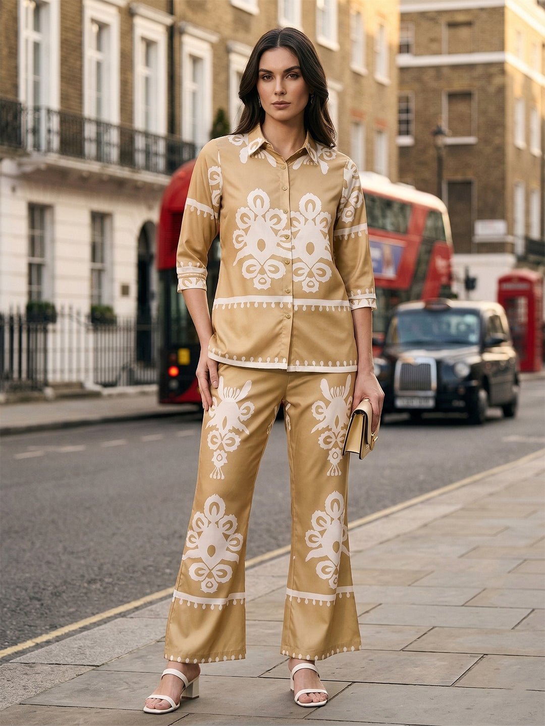 miss forever beige printed summer co-ord set