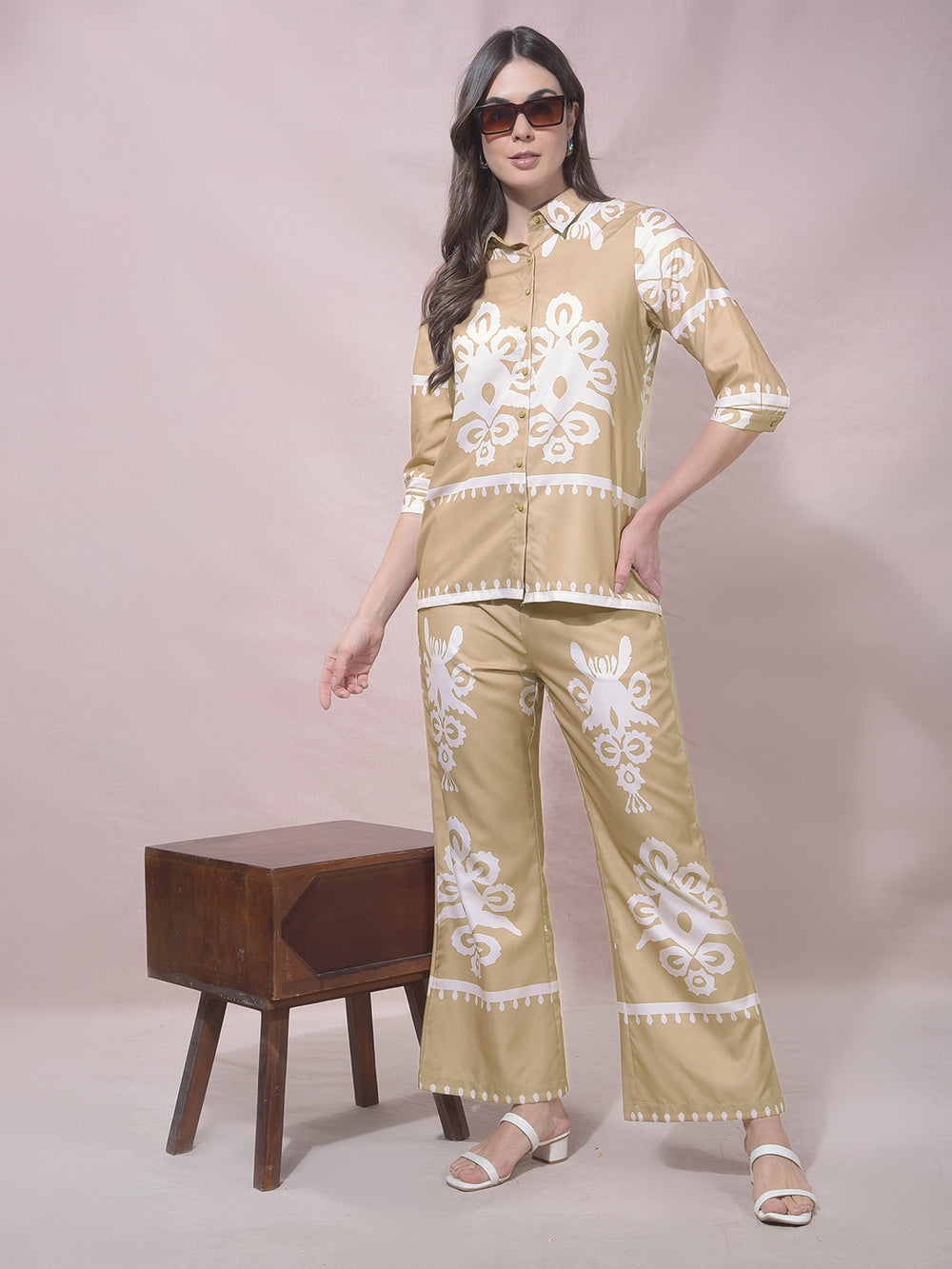 miss forever beige printed summer co-ord set