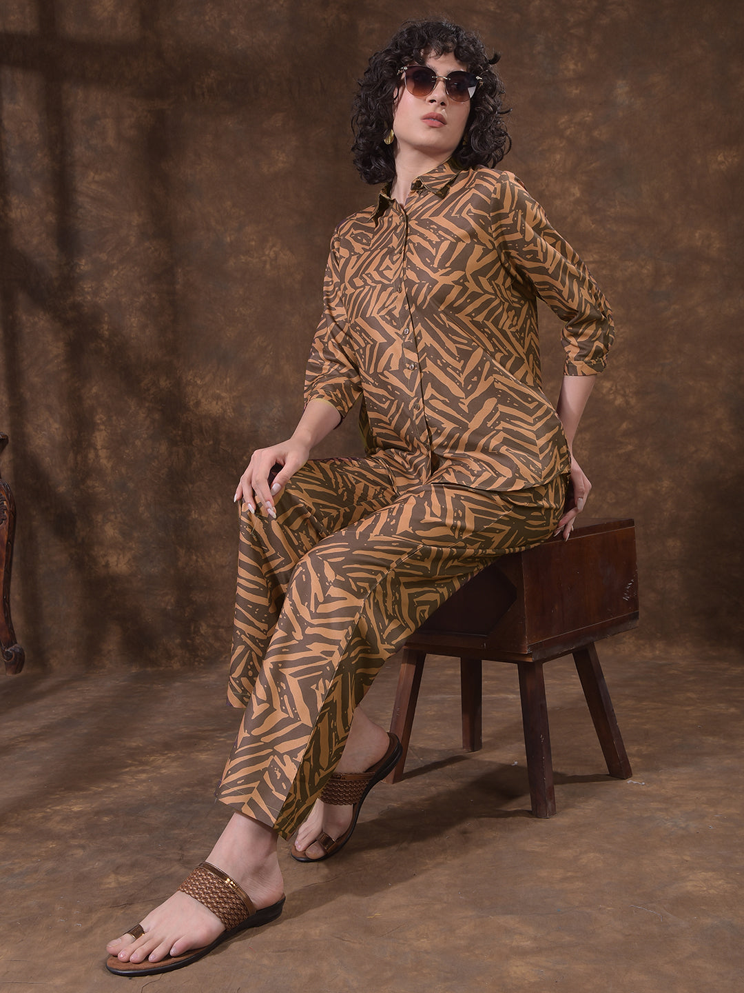 miss forever dark brown printed summer co-ord set