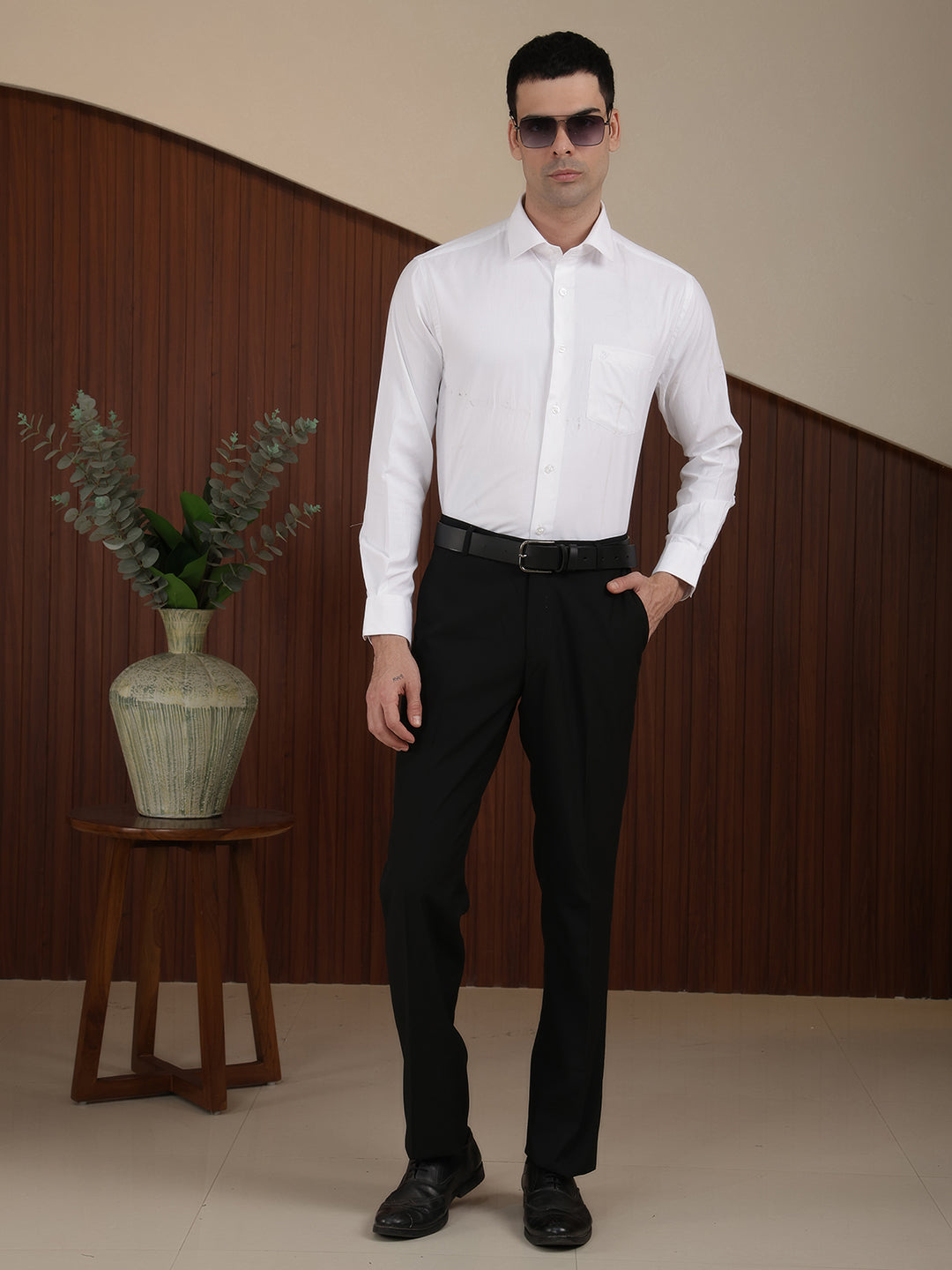 cobb white self design smart-fit formal shirt