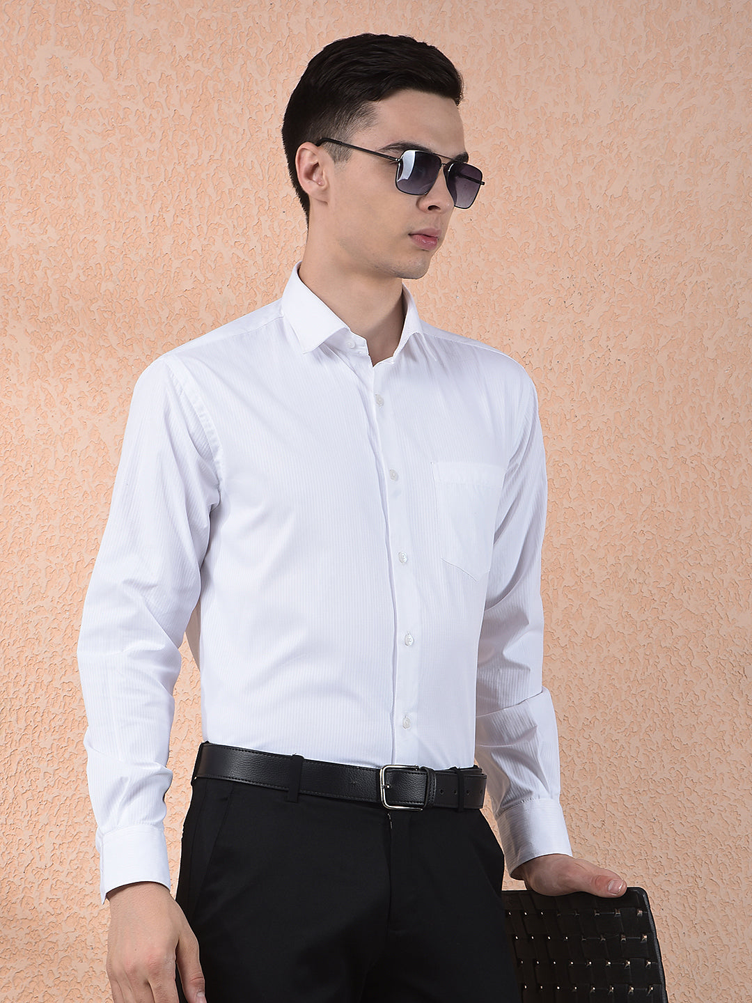 COBB WHITE SELF-DESIGN FORMAL SHIRT