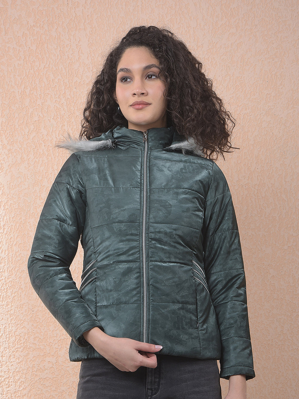 miss forever olive printed hooded jacket