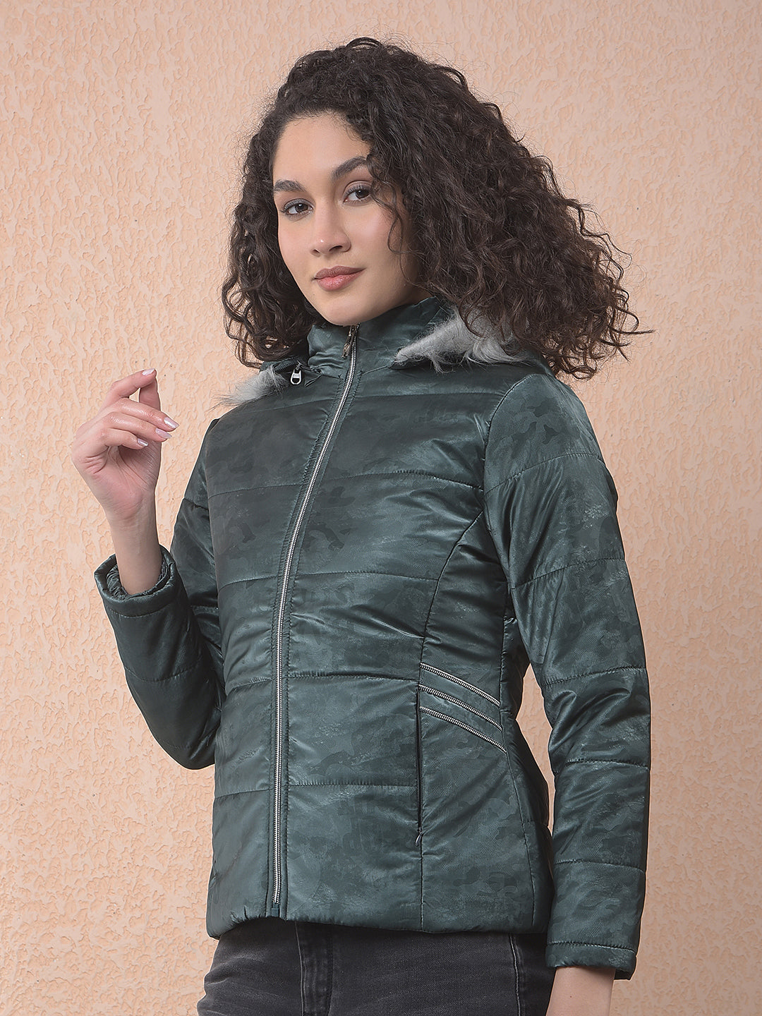 miss forever olive printed hooded jacket