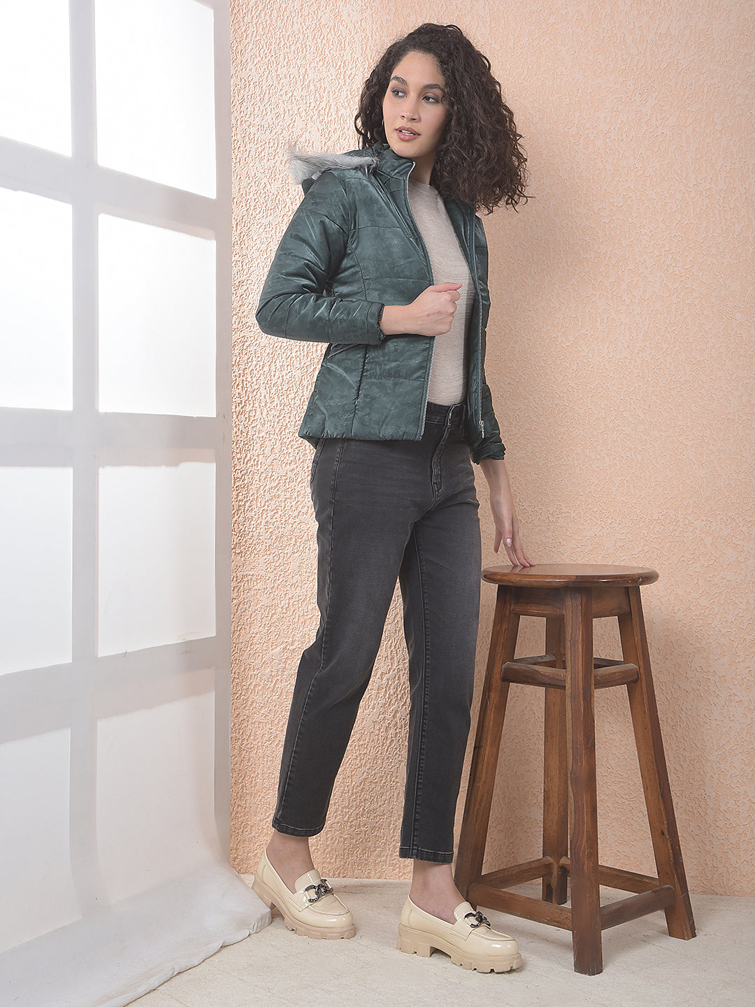 MISS FOREVER OLIVE PRINTED HOODED JACKET