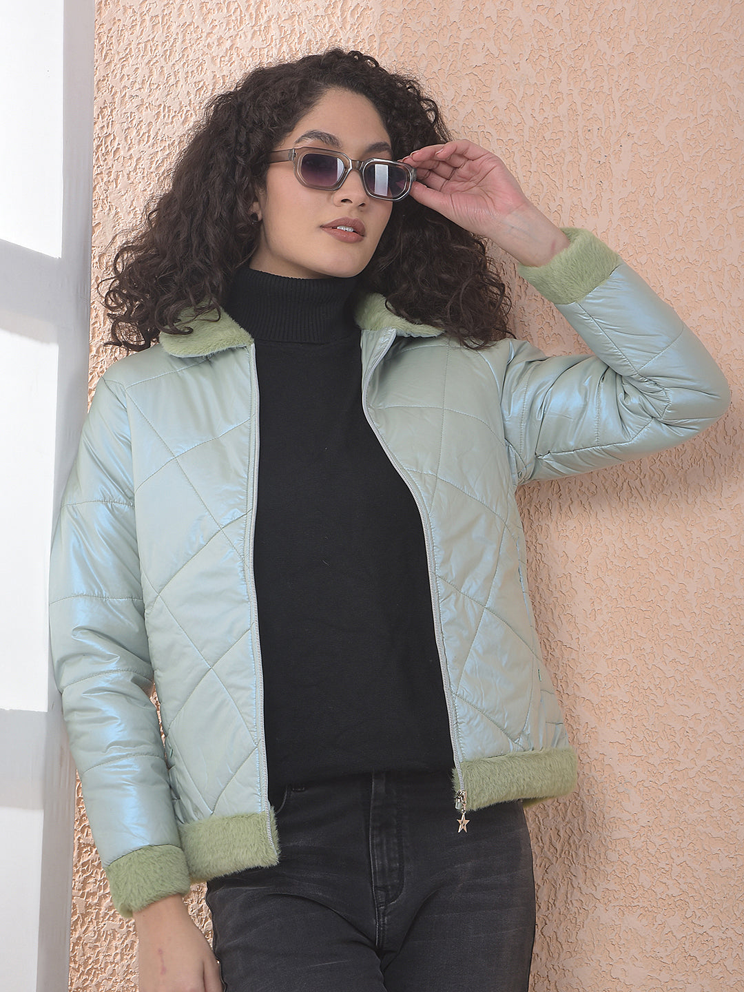 miss forever sea green self-design jacket
