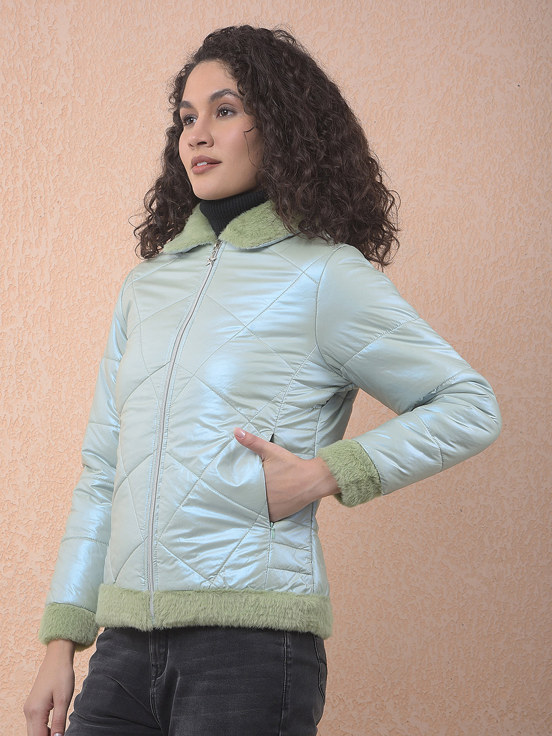 miss forever sea green self-design jacket