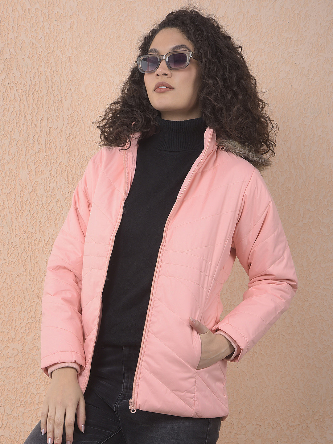 miss forever solid coral hooded jacket