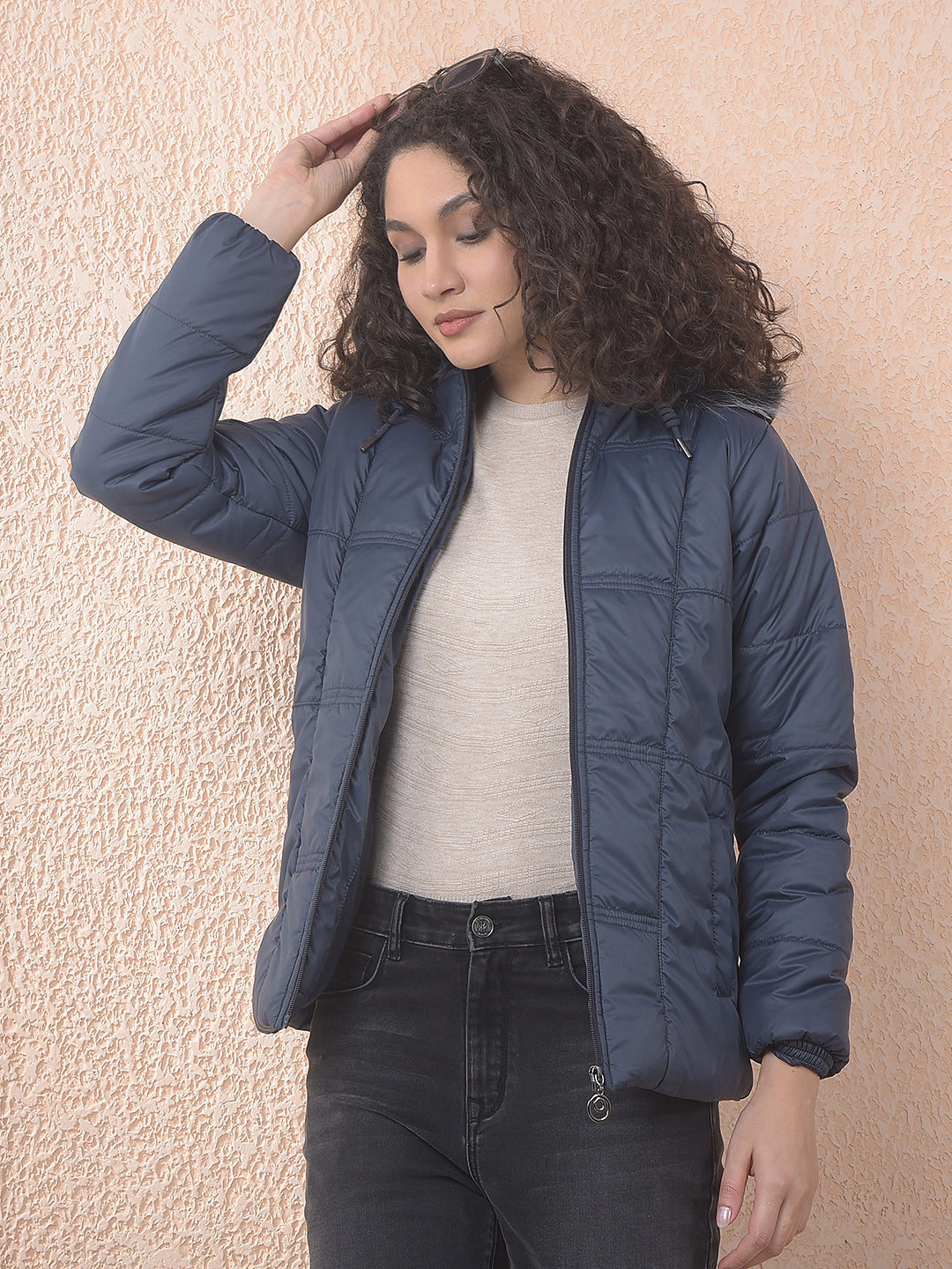 miss forever navy blue self-design hooded jacket