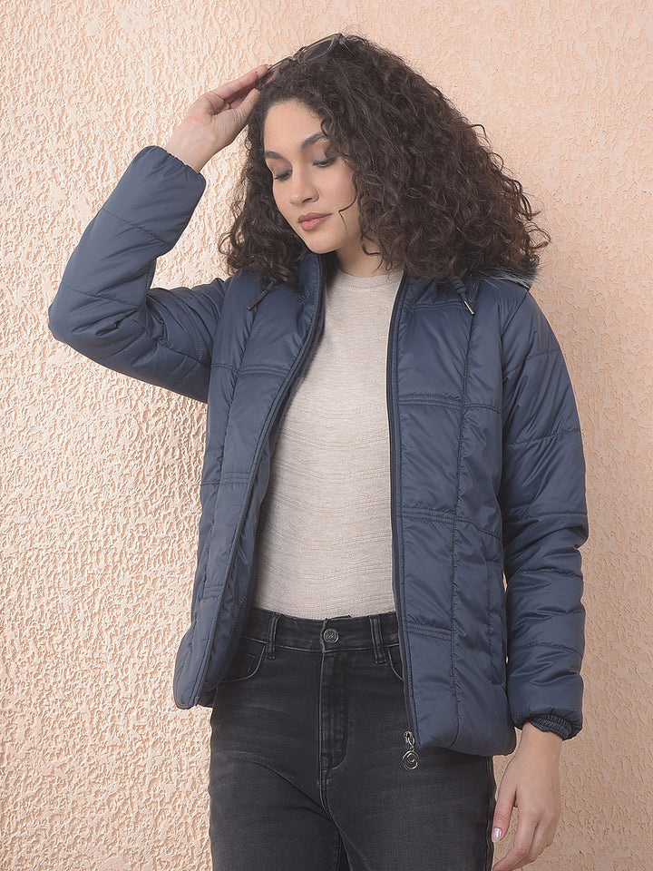 miss forever navy blue self-design hooded jacket