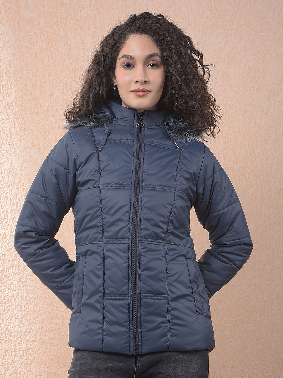 miss forever navy blue self-design hooded jacket