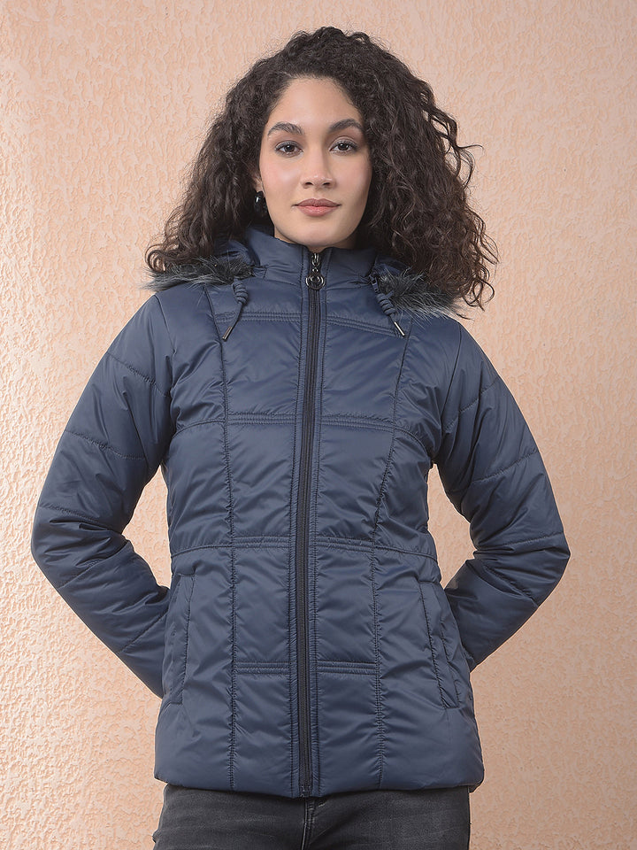 miss forever navy blue self-design hooded jacket