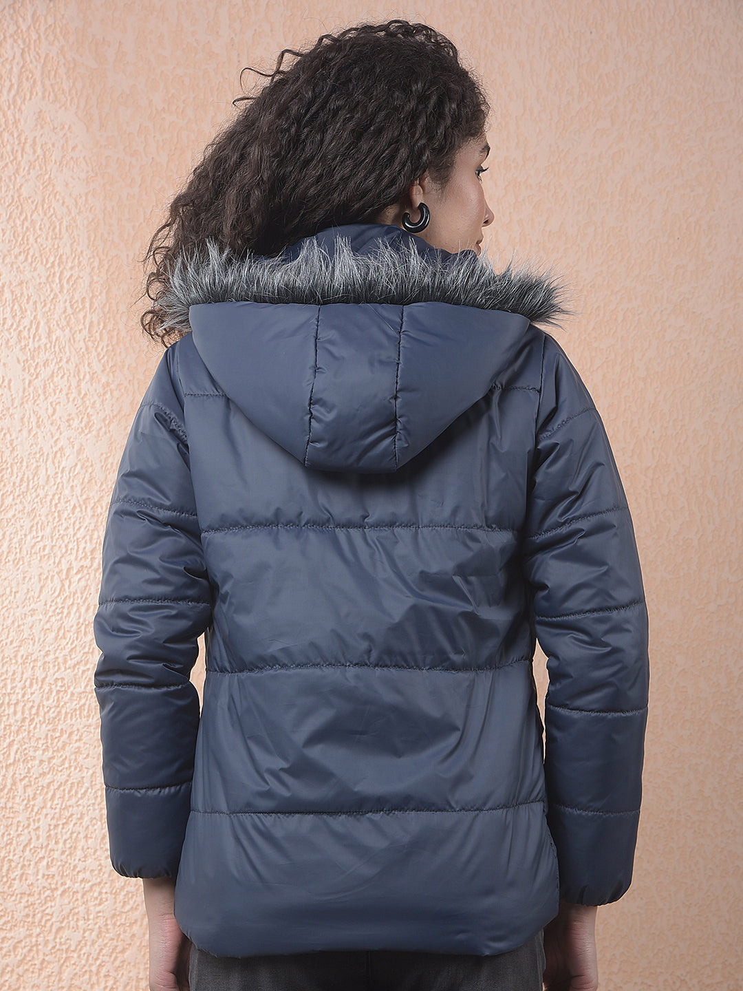 miss forever navy blue self-design hooded jacket