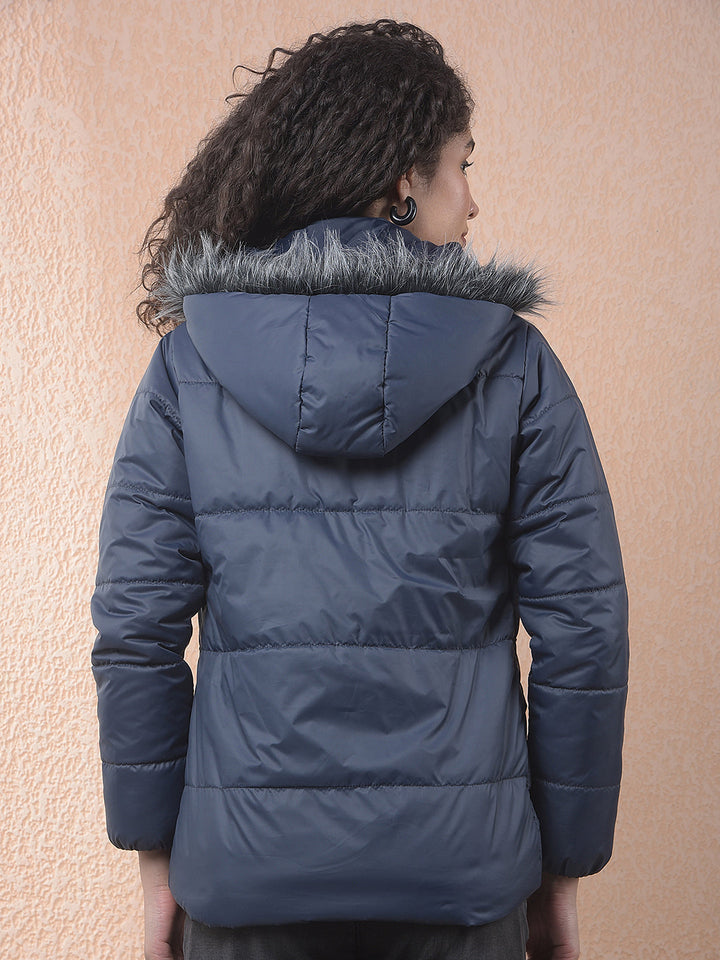 miss forever navy blue self-design hooded jacket