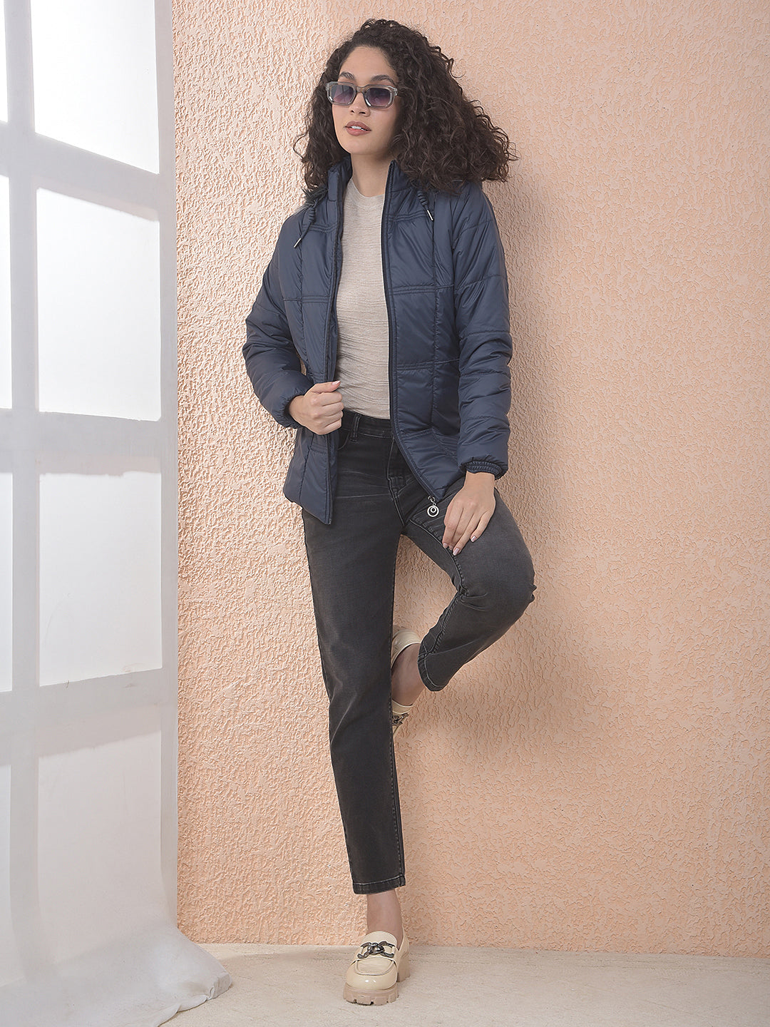 MISS FOREVER NAVY BLUE SELF-DESIGN HOODED JACKET