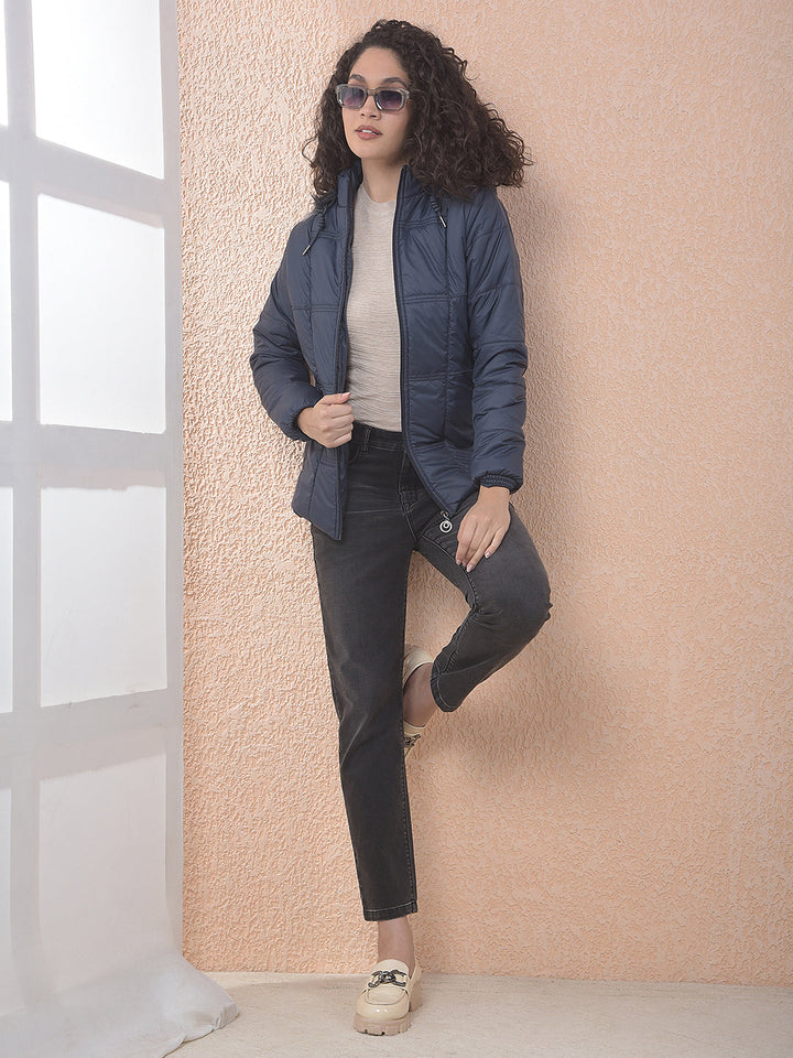 MISS FOREVER NAVY BLUE SELF-DESIGN HOODED JACKET