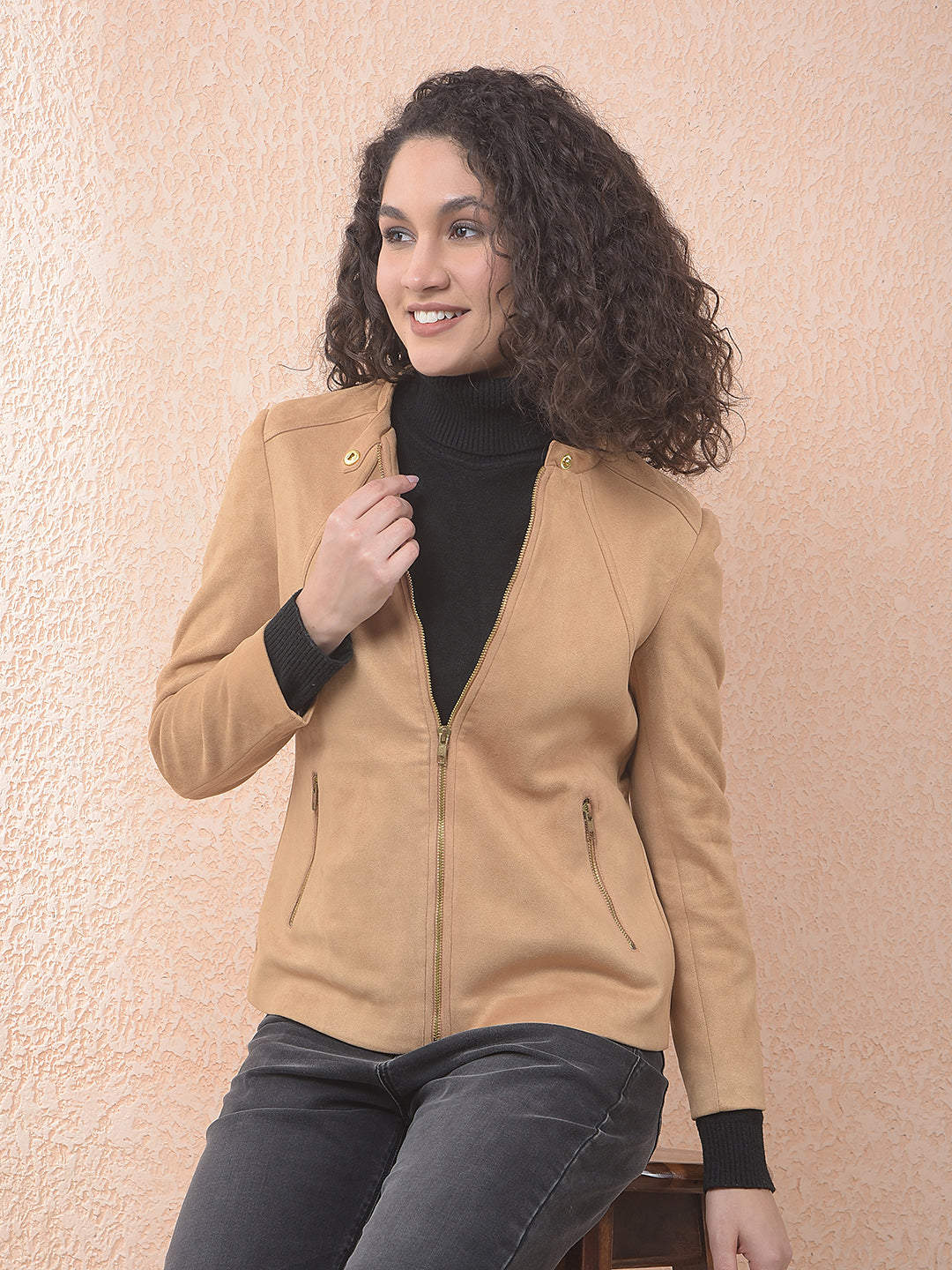 miss forever solid brown band collar jacket