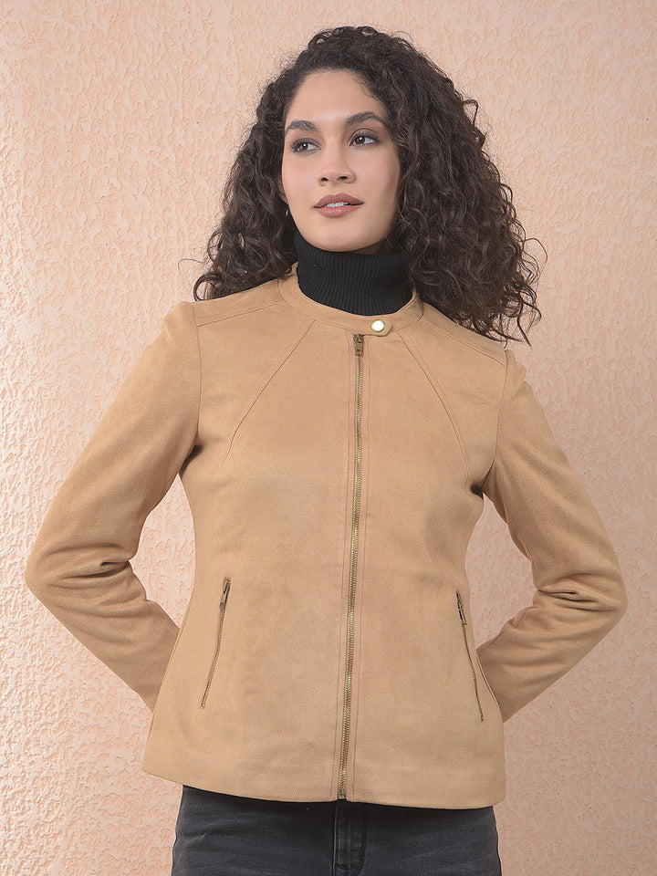 miss forever solid brown band collar jacket